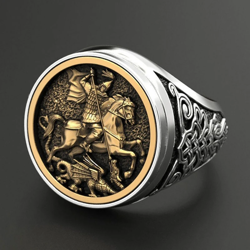 

Punk Cool Men's Finger Ring Dual Gold Color Metal Rome Soldier Horse Dragon Rings Fashion Jewelry bague homme