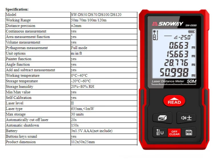 SNDWAY Laser Rangefinder 120m 100m 70m 50m Laser Distance Meter Electronic Roulette Digital Rang Finder Trena Tape Lazer Measure
SNDWAY Laser Rangefinder 120m 100m 70m 50m Laser Distance Meter Electronic Roulette Digital Rang Finder Trena Tape Lazer Measure