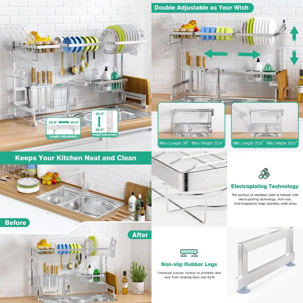 ink Deluxe 2 Tier Adjustable Width Hight Over The Sink Dish Drying Rack, Stainless Steel Large Bowl Dish Drainer for Kitchen Sin
ink Deluxe 2 Tier Adjustable Width Hight Over The Sink Dish Drying Rack, Stainless Steel Large Bowl Dish Drainer for Kitchen Sin