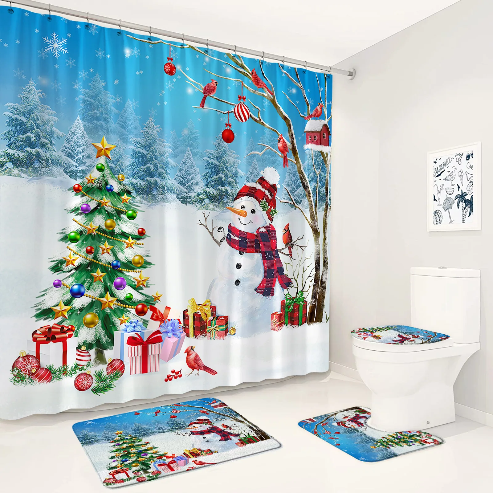 

Christmas Shower Curtain Bath Mats Set Xmas Tree Gift Red Bird Snowman Winter Forest Scenery Bathroom Decor Rug Toilet Lid Cover