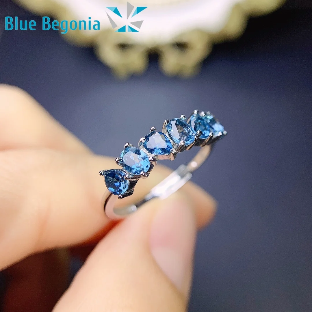 

London Blue Topaz Ring Natural 3*4MM Gemstone Jewelry for Girl Friend Birthday Gift Real 925 Sterling Silver