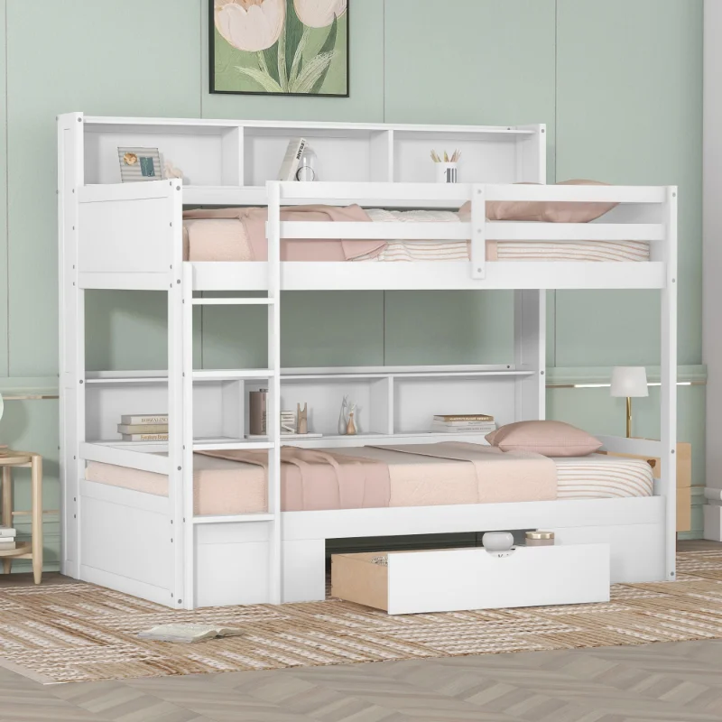 

[Flash Deal]Double Bunk Beds Have Built-in Shelves Next To The Upper and Lower Beds and Storage Drawers Easy Assemble[US Stock]