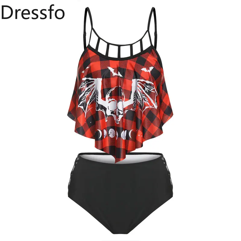 

Dressfo Plaid Bat Print Tankini Swimwear Cutout Swimsuit Full Coverage Gothic Swimwear Monokini Bikini Set Swimsuit Woman 2023