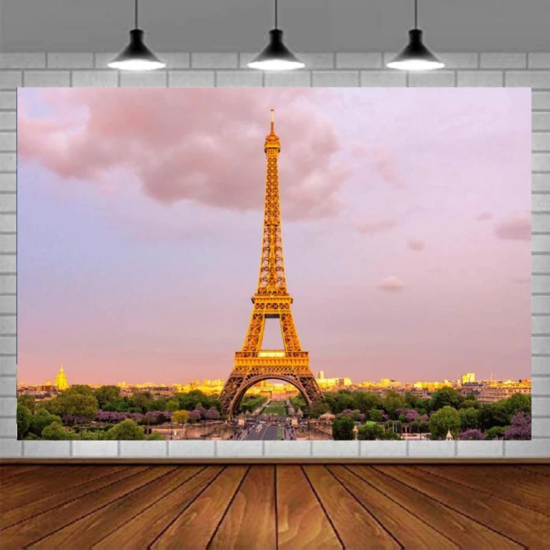 

Paris Eiffel Tower Photography Backdrop Pink Sunset View Of Paris Background Paris Theme Party Decor Famous City Landmark Banner