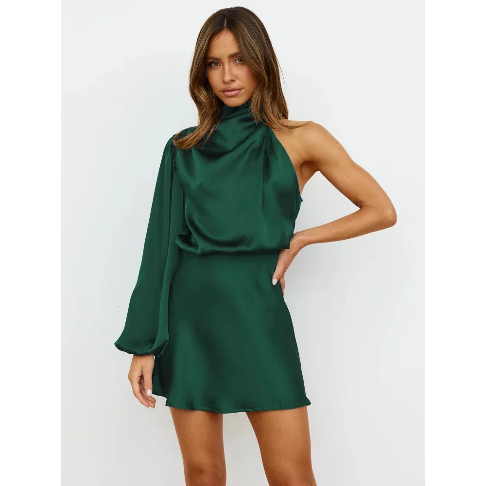 Women's Dress One Shoulder Long Sleeve Hanging Neck Satin High Waist Temperament Summer Gift Dress 
Women's Dress One Shoulder Long Sleeve Hanging Neck Satin High Waist Temperament Summer Gift Dress