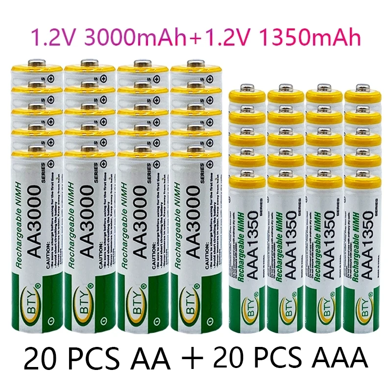 

1.2V AA 3000mAh NiMH rechargeable battery+AAA battery 1350MA 1.2VAAA battery For MP3, mobile Rc, for Led flashlight toys aa1.2v