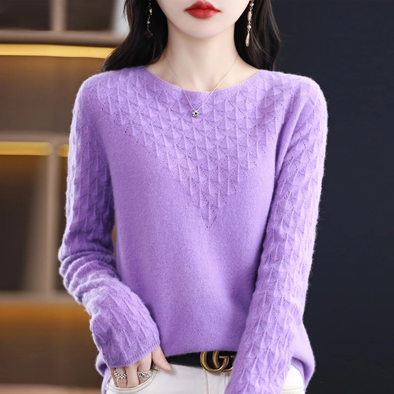 

Женский трикотажный кашемировый свитер, свободный облегающий пуловер из мериносовой шерсти с круглым вырезом и вырезами, весна-осень 2023