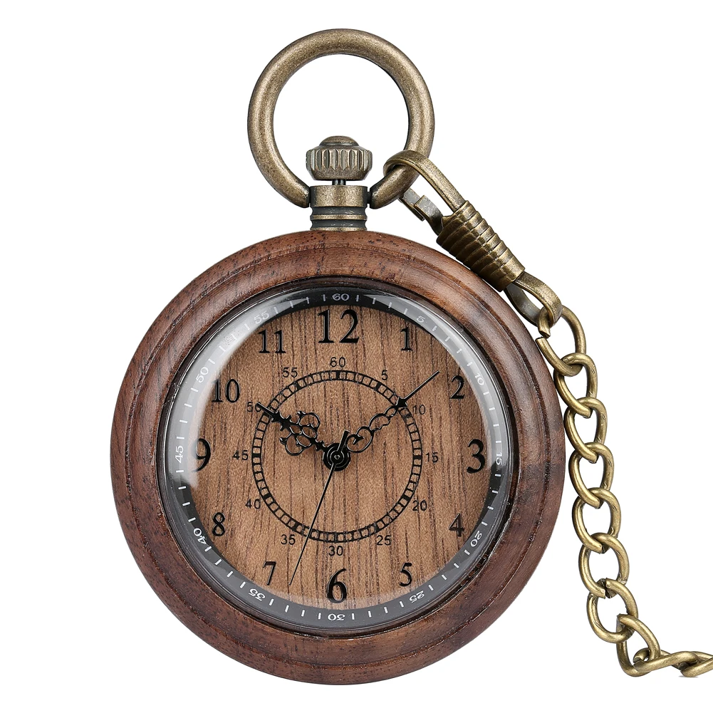 

Stylish Wooden Quartz Pocket Watch Arabic Numerals Display Round Dial Wood Pocket Clock Bronze Fob Chain Antique Timepiece Male