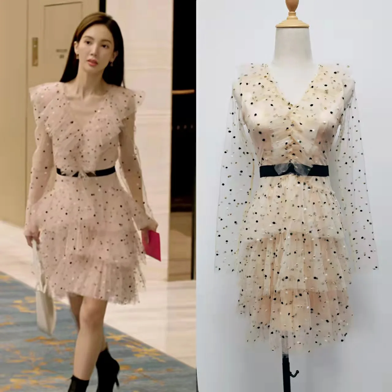 Kpop Korean Summer Fashion Long Sleeve Mini Dress Women Patchwork V-Neck Mesh Dress Lady Office Party Sexy Perspective Dresses
Kpop Korean Summer Fashion Long Sleeve Mini Dress Women Patchwork V-Neck Mesh Dress Lady Office Party Sexy Perspective Dresses