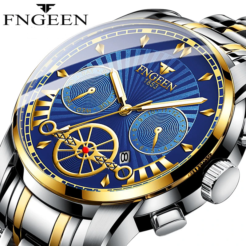 

FNGEEN Mens Luminous Waterproof Watch Quartz Fashion Business Fake Flywheel Dial Men Full Steel Watches Calendar Male Clock