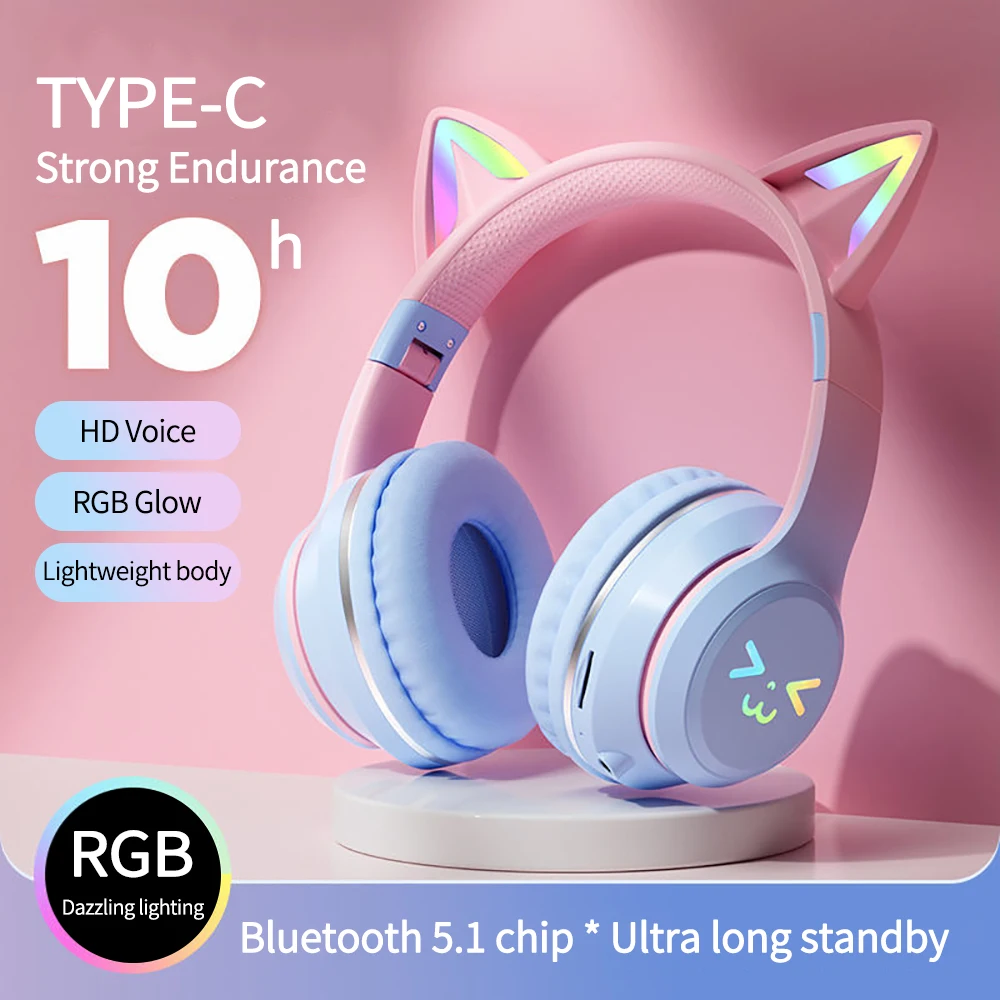 Wireless Headphones RGB Cute Cat Girls Kids Gift Headset with Microphone Stereo Music Gaming Headsets Control lights Earphones
Wireless Headphones RGB Cute Cat Girls Kids Gift Headset with Microphone Stereo Music Gaming Headsets Control lights Earphones