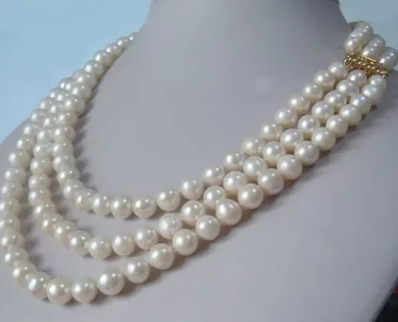 

3 row strands natural 8-9mm akoya white pearl necklace 17"18"19"14K gold clasp