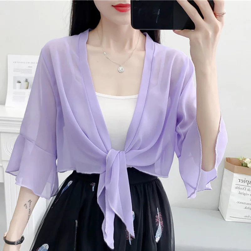 Stylish Loose Ruffles Bandage Chiffon T-Shirt Women Clothing 2023 Summer New Casual Pullovers Office Lady Flare Sleeve Tee Shirt 
Stylish Loose Ruffles Bandage Chiffon T-Shirt Women Clothing 2023 Summer New Casual Pullovers Office Lady Flare Sleeve Tee Shirt