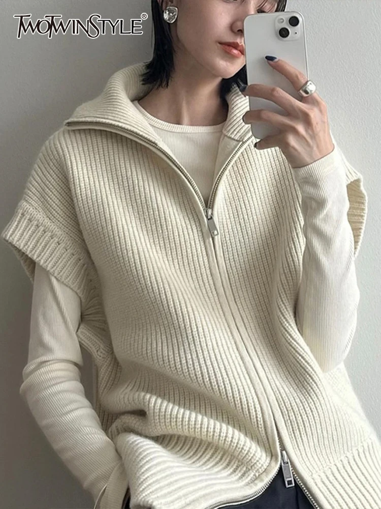 TWOTWINSTYLE Turtleneck Knitting Vests For Women Sleeveless Patchwork Zipper Solid Minimalist Vest Female 2022 Autumn Clothing
TWOTWINSTYLE Turtleneck Knitting Vests For Women Sleeveless Patchwork Zipper Solid Minimalist Vest Female 2022 Autumn Clothing