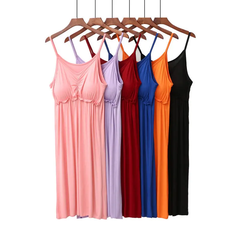 

Modal Camisole Nightgown for Women Summer Thin Style Nightwears V-neck Dress with Breast Pad Bottom Homewear Nightdress