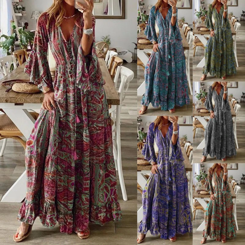 2023 Summer Bohemian Flare Sleeves Printed V-Neck High Waist Holiday Dress Fragmented Flower Women's Long Dress Fashion Retro
2023 Summer Bohemian Flare Sleeves Printed V-Neck High Waist Holiday Dress Fragmented Flower Women's Long Dress Fashion Retro