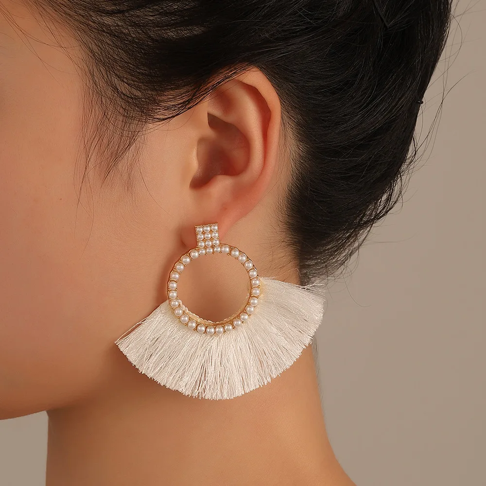 

Bohemian Sector Fabric Tassel Earrings for Women Party Statement Long Jewelry Vintage Fashion Pearl Round Dangle Drop Earrings