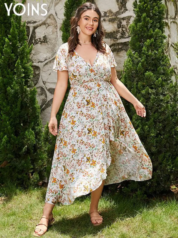 

YOINS 2023 Women Dress Summer Plus Size Short Sleeve Floral Print Casual Vestidos Bohemian Sundress V-neck Irregular Long Dress