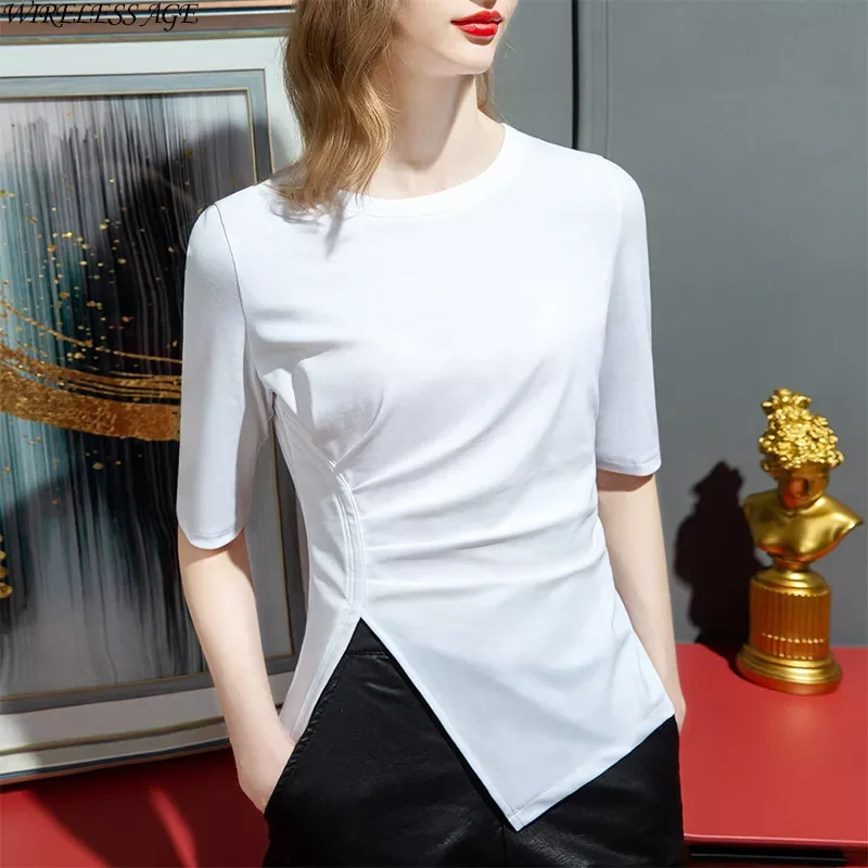Women T Shirt O Neck Spring Summer Folded Side Slit 2022 Solid Color Slim Casual Splicing Sexy Female Fashion Wild Tops
Women T Shirt O Neck Spring Summer Folded Side Slit 2022 Solid Color Slim Casual Splicing Sexy Female Fashion Wild Tops