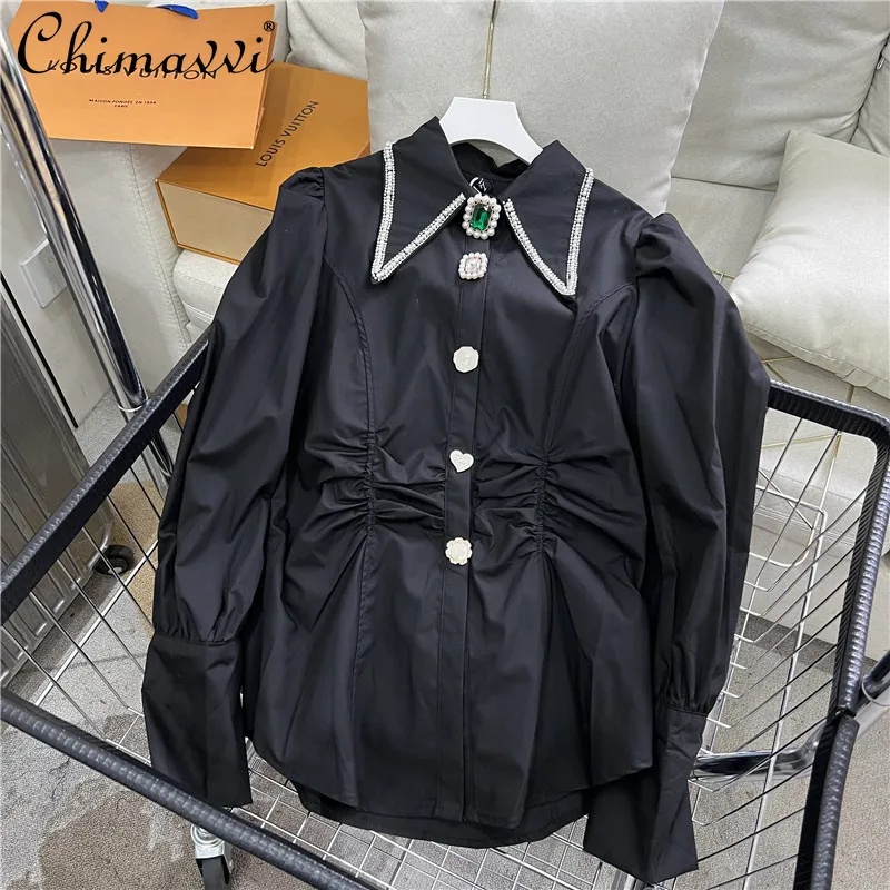 2022 Spring New European Style Heavy Pointed Collar Beads Rhinestones Slim Shirt Fashion Elegant Bubble Long Sleeve Blouse
2022 Spring New European Style Heavy Pointed Collar Beads Rhinestones Slim Shirt Fashion Elegant Bubble Long Sleeve Blouse