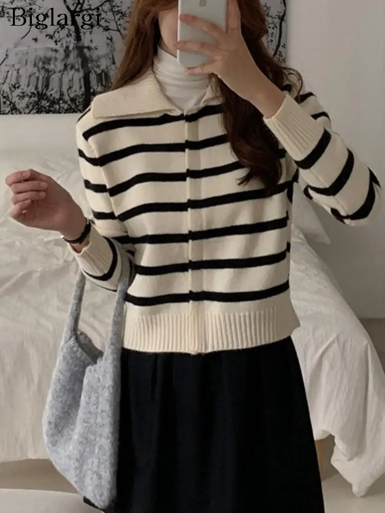 

Autumn Winter Striped Print Sweater Coat Women Korean Modis Casual Ladies Cropped Cardigans Long Sleeve Woman Knitted Tops 2023