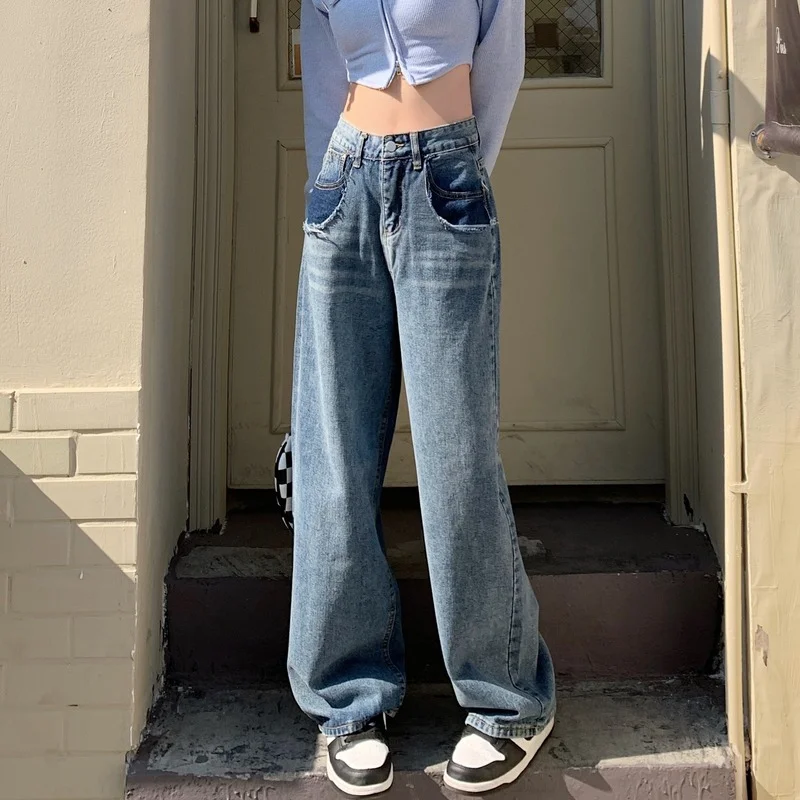 Women Jeans Patchwork Wide Leg Pants Pockets High Waist Loose Straight Cotton Denim Trousers 2022 Spring Summer New Fashion
Women Jeans Patchwork Wide Leg Pants Pockets High Waist Loose Straight Cotton Denim Trousers 2022 Spring Summer New Fashion