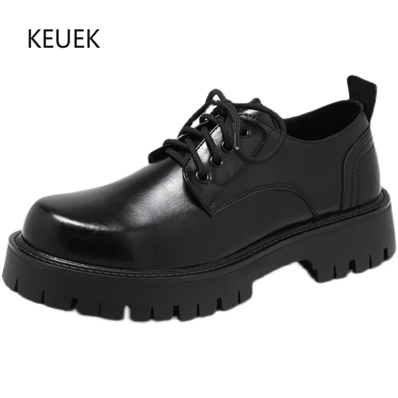 

New Men Casual Leather Shoes Genuine Leather Business Dress Round Toe Thick Sole Design Groom Wedding Shoes Male Derby 5A