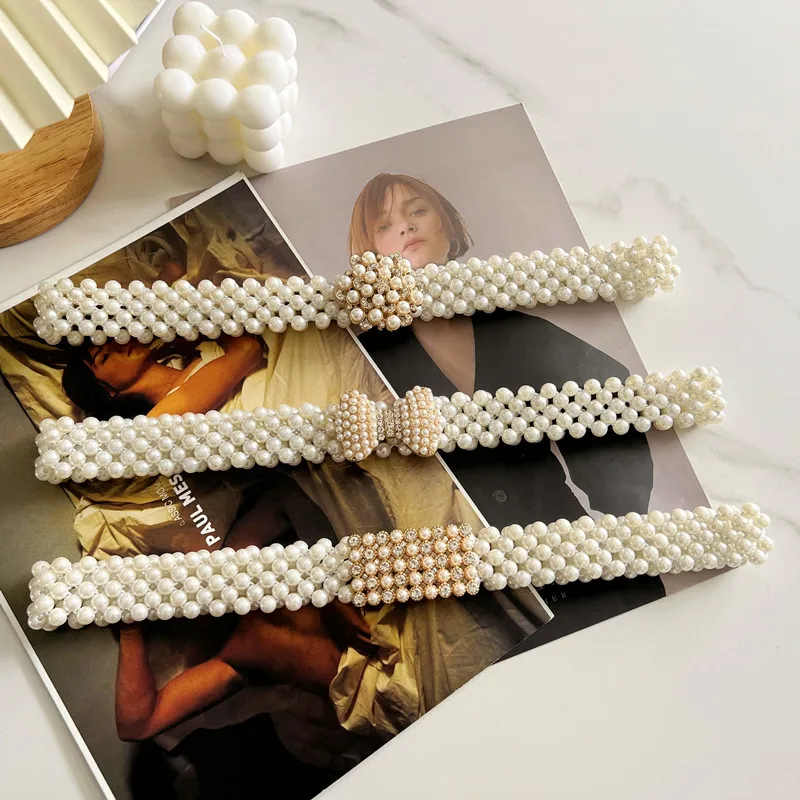 

Women Rhinestone Pearl Waist Chain Belt Fashion Dress Elastic Embellished Girdle Female Acrylic Pearl Sweet Flower Belts