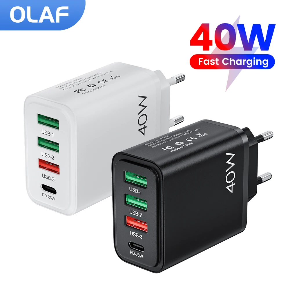 

Olaf 4 Ports 40W USB Charger Fast Charging QC3.0 PD Charger Type C Quick Charge Charger Adapter For iPhone Xiaomi Samsung Huawei