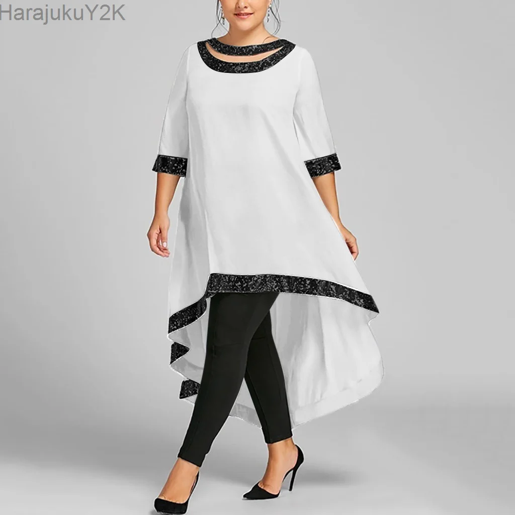 Woman Elegant Dress Loose Short Half Sleeve Stitching Dresses Solid Color with Bright Silk Plus Size Lady Asymmetrical Dress
Woman Elegant Dress Loose Short Half Sleeve Stitching Dresses Solid Color with Bright Silk Plus Size Lady Asymmetrical Dress