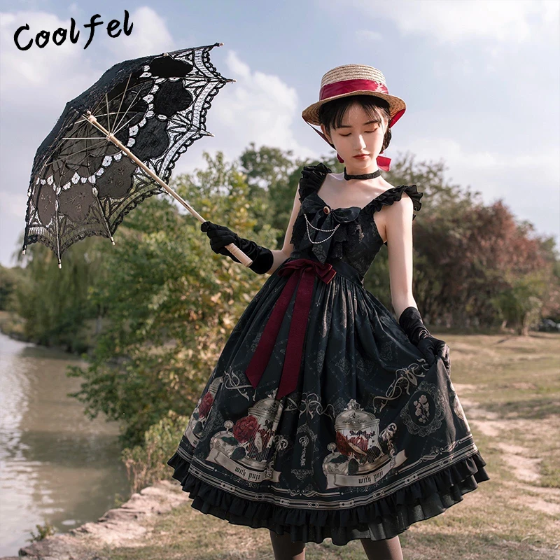 COOLFEL Vintage Goth Balck Princess Lolita Dress Women Gothic Print Sleeveless Backless Fairy Dresses Victorian Cosplay Costume
COOLFEL Vintage Goth Balck Princess Lolita Dress Women Gothic Print Sleeveless Backless Fairy Dresses Victorian Cosplay Costume