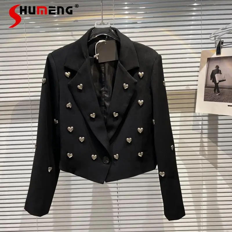 

Black Short Coat 2022 Spring New Three-Dimensional Metal Heart-Shaped Business Suit Jacket Women's Long Sleeve Tailored Coat