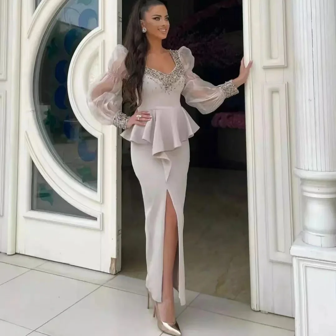 Sayulita Beaded Square Neck Prom Dresses Saudi Arabia Women Wear Long Sleeves Evening Dress with Peplum Side Slit Sexy Vestidos
Sayulita Beaded Square Neck Prom Dresses Saudi Arabia Women Wear Long Sleeves Evening Dress with Peplum Side Slit Sexy Vestidos