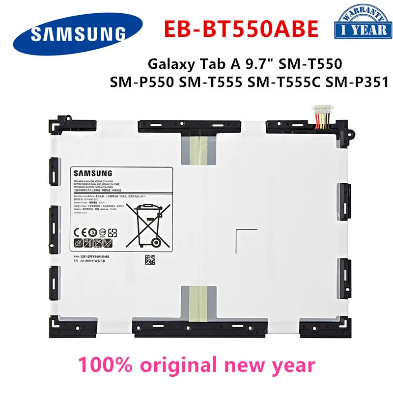 SAMSUNG Orginal Tablet EB-BT550ABE 6000mAh Battery For Samsung Galaxy Tab A 9.7" SM-T550 SM-P550 SM-T555 SM-T555C SM-P351
SAMSUNG Orginal Tablet EB-BT550ABE 6000mAh Battery For Samsung Galaxy Tab A 9.7" SM-T550 SM-P550 SM-T555 SM-T555C SM-P351