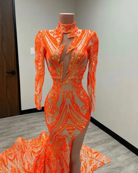 Orange Sparkly Applique Lace Prom Dresses 2022 Real Image Long Sleeve High Neck Sexy High Slit Mermaid Evening Gowns
Orange Sparkly Applique Lace Prom Dresses 2022 Real Image Long Sleeve High Neck Sexy High Slit Mermaid Evening Gowns