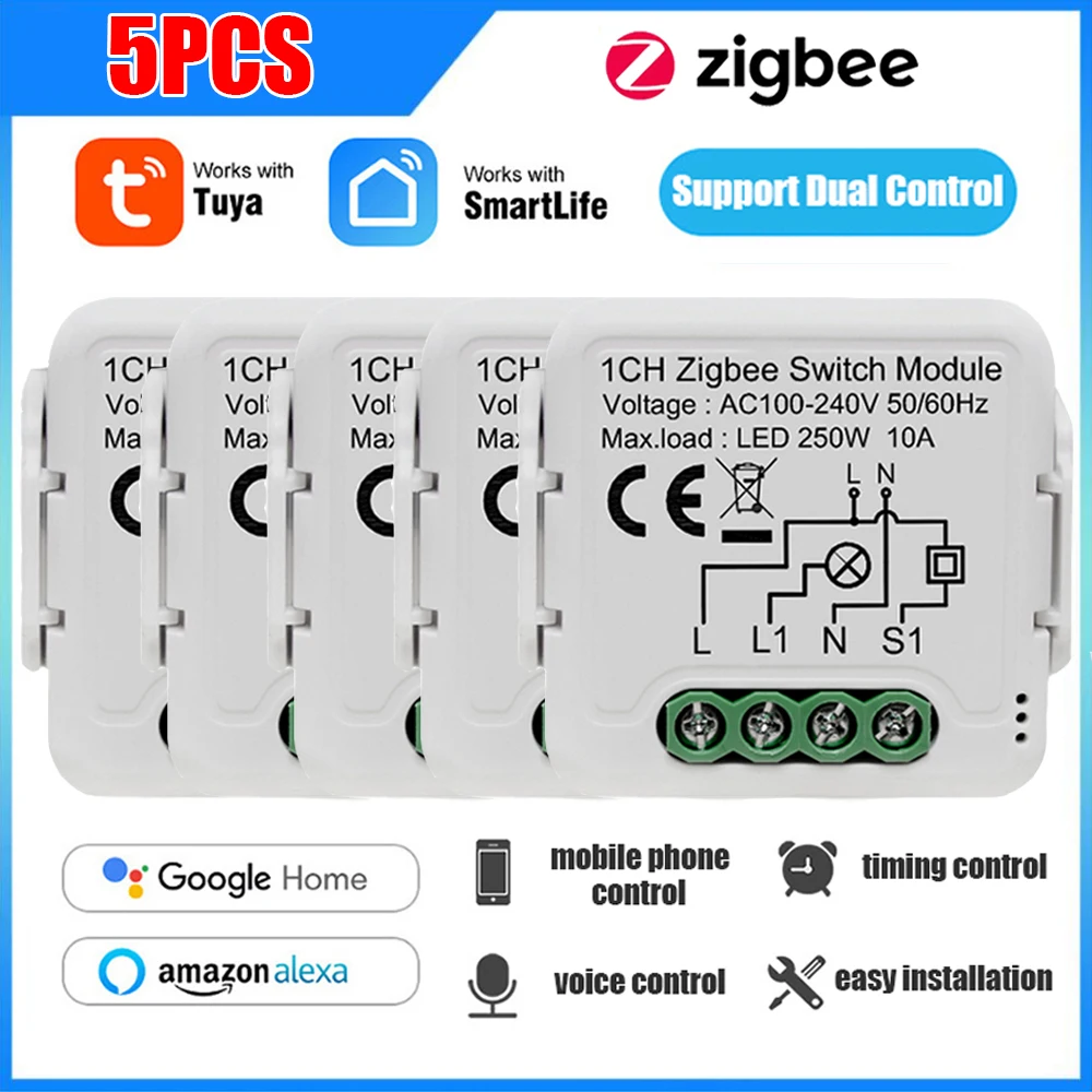 

5PCS Mini Tuya Smart Zigbee Light Switch Module 1/2/3/4 Gang Automation DIY Breaker 2 Ways Control, Work with Alexa Google Home