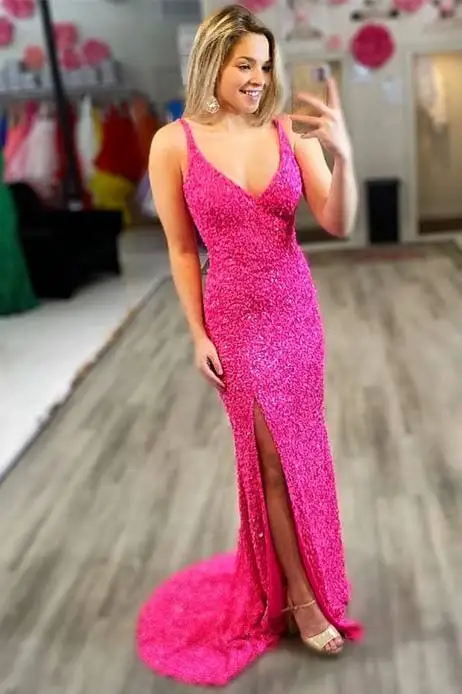 Sexy V-neck Sequins Party Dress with Side Split