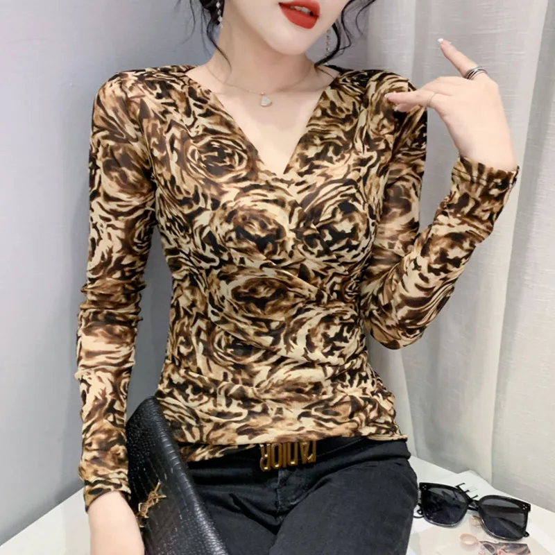 #7981 Spring Autumn Mesh Printed Wrap T Shirt Women Office Lady Vintage T Shirt Female Long Sleeve Tight Tee Shirt Femme V-neck
#7981 Spring Autumn Mesh Printed Wrap T Shirt Women Office Lady Vintage T Shirt Female Long Sleeve Tight Tee Shirt Femme V-neck