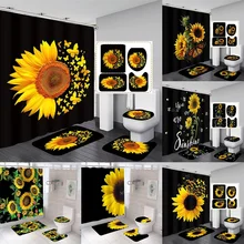 Magic Sunflower Butterfly Shower Curtain Sets Black Yellow Art Country Flower Bathroom Decor Curtains Bath Mats Rug Toilet Cover