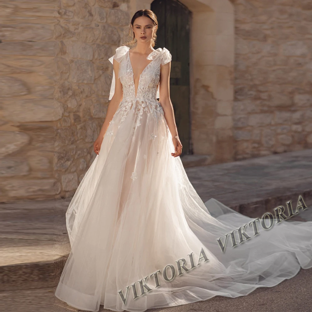 

VIKTORIA Fashion V-neck Wedding Dresses For Women Bow Sleeveless Tank Bride 2023 A-LINE Appliques Robe De Mariée Drop Shipping