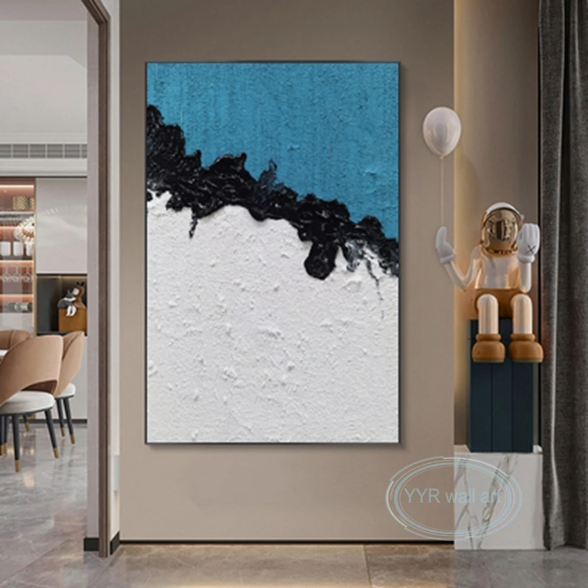 

Абстрактный декоративный плакат с синей черной и белой текстурой, 100% ручная работа, картина маслом, настенное искусство, холст для гостиной, спальни, крыльца, Настенная роспись на заказ