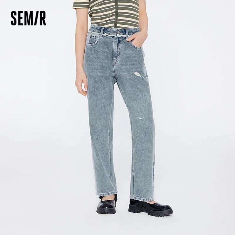 

Semir Jeans Women Pure Cotton Stitching Color Matching Frayed Raw Edge Trousers Design Sense 2022 Summer New Straight Pants