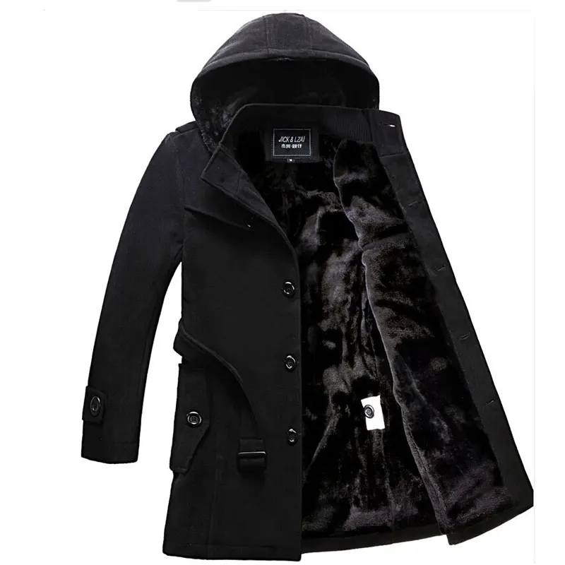 

Fashion Wool Blend Coat Men Long Winter Coat Trench Coat Black Grey Men Casual Pocket Overcoat with Removable Hood Warm Outwear