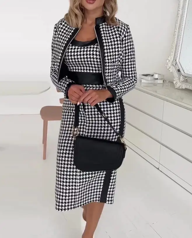 Elegant Outfit Houndstooth Print Tank Top Zipper Fly Jacket 2023 Autumn Spring Fashion Casual Skirt Set 3 Piece Sets for Women
Elegant Outfit Houndstooth Print Tank Top Zipper Fly Jacket 2023 Autumn Spring Fashion Casual Skirt Set 3 Piece Sets for Women