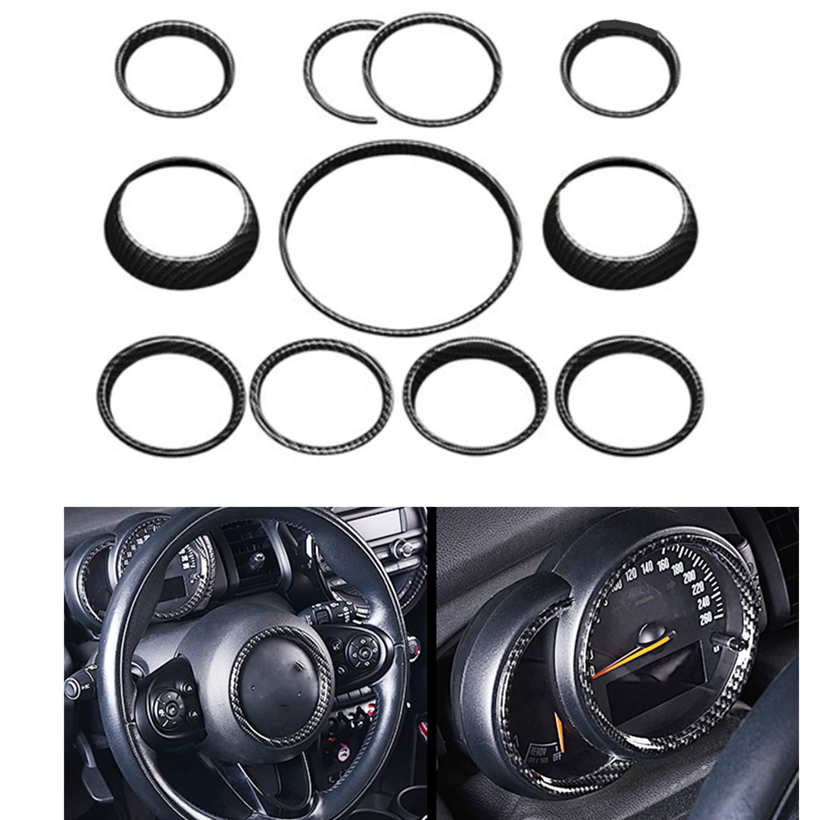 

11PCS Car Gear Steering Wheel Trim Kit Ring For BMW Mini Cooper F55 F56 F57 Carbon Fiber Look Dashboard Gauge Pod Cover Frame