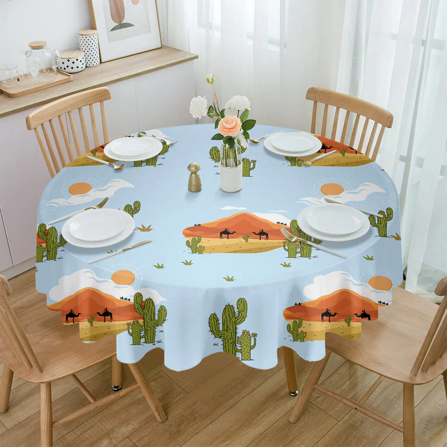 

Hand-Painted Desert Camel Cactus Clouds Round Tablecloth Waterproof Table Cover for Wedding Party Decoration Dining Table Cover