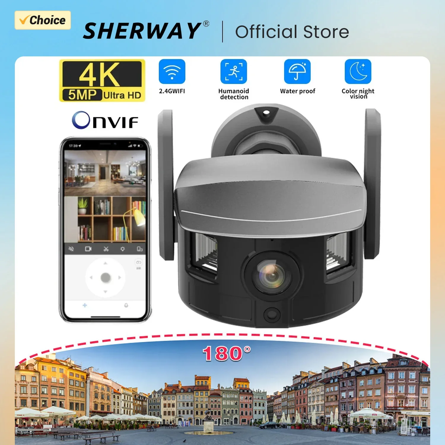 

SHERWAY 4K 5-мегапиксельная IP-камера видеонаблюдения с широким углом обзора 180 ° и двойным экраном, полноцветная уличная камера наблюдения с функцией ночного видения