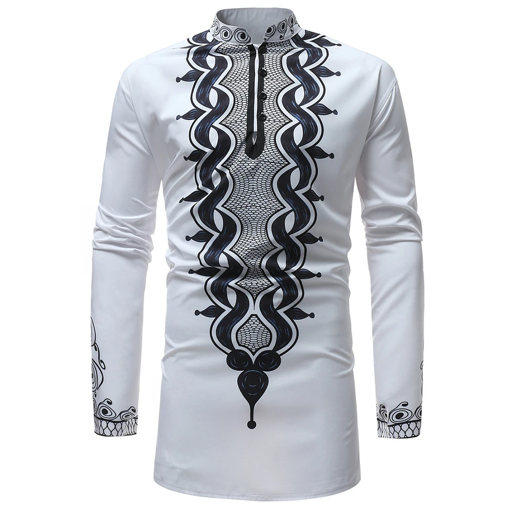 

African Tribal Dashiki Longline Shirt 2023 Brand New Slim Long Sleeve Mandarin Collar Dress Shirt Men African Clothing Camisa