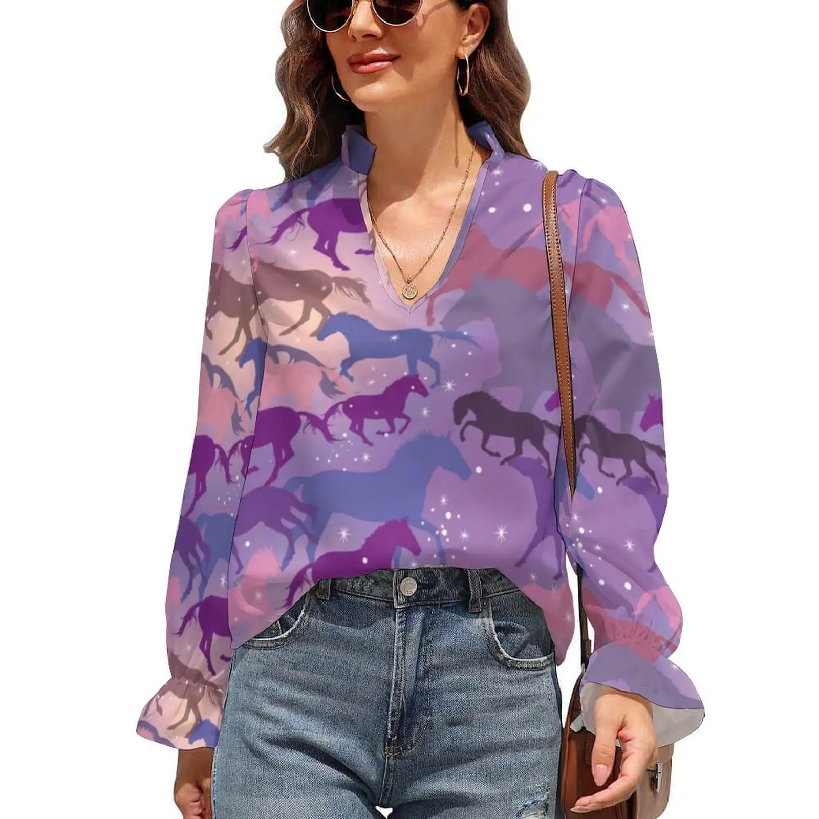 Flare Horse Blouse Autumn Wild Horses Riding On Purple Pattern Street Wear Chiffon Blouses V Neck Print Shirts Women Office Tops
Flare Horse Blouse Autumn Wild Horses Riding On Purple Pattern Street Wear Chiffon Blouses V Neck Print Shirts Women Office Tops