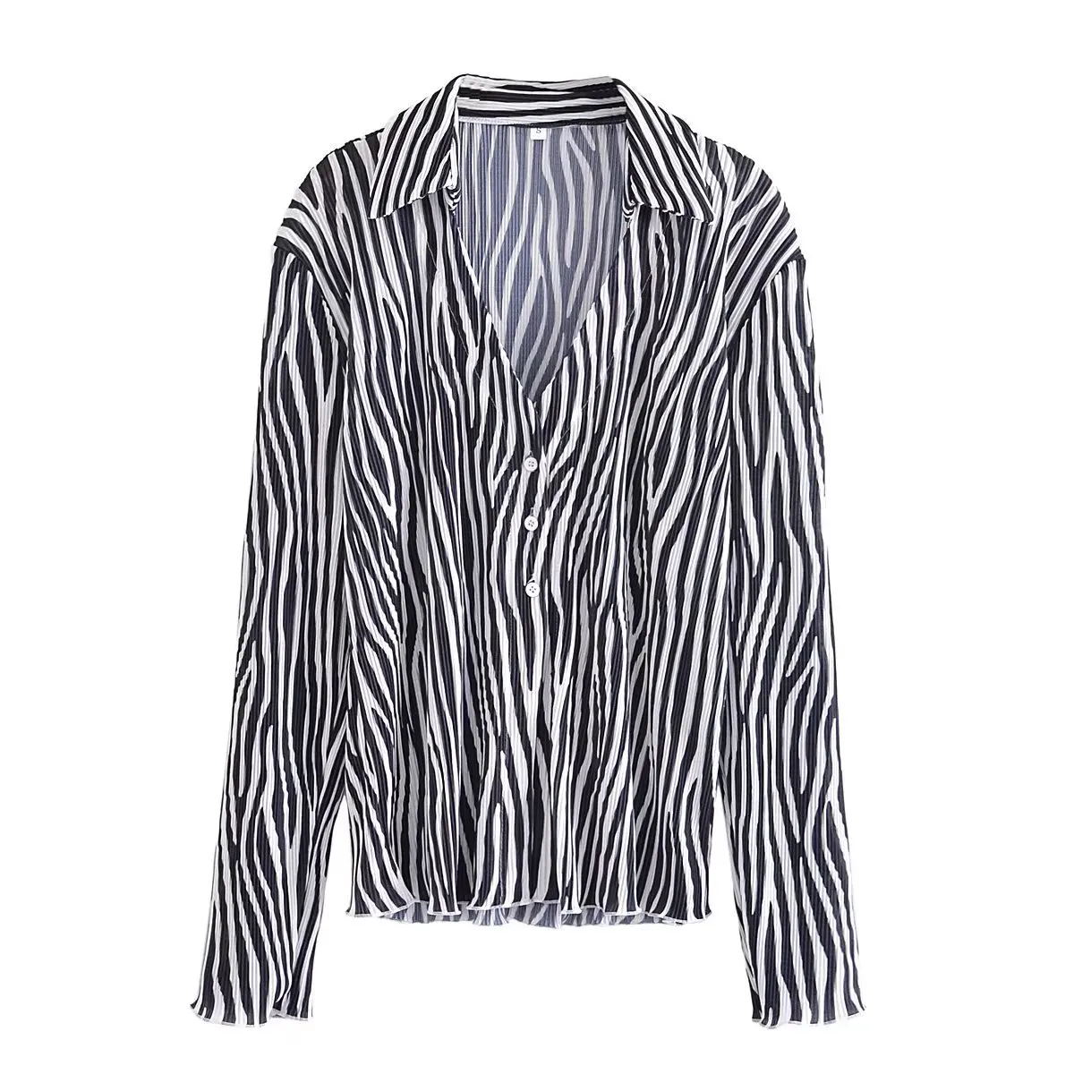 

2023 Summer Autumn Long Sleeve V-Neck Lapel Black White Zebra Vertical Stripe Shirt For Women Loose Casual Commuter Shirts Tops